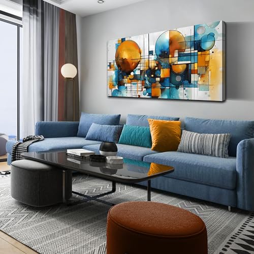ENTANUB Abstract Canvas Wall Art for Living Room, Circle Wall Decor for Bedroom, Orange and Blue Canvas Print Paintings Artwork, Size 24x48 Inches - size: 48"L x 24"W