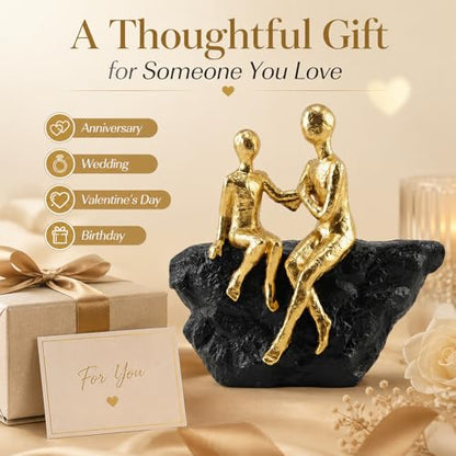 Gold Abstract Couple Sculpture, Romantic Love Statue with Black Base