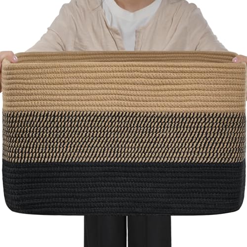 Optish 95L Large Woven Blanket Basket, Storage Basket with Handles - color: Black & Brown, size: 24" x 17" x 13.5"(95L)