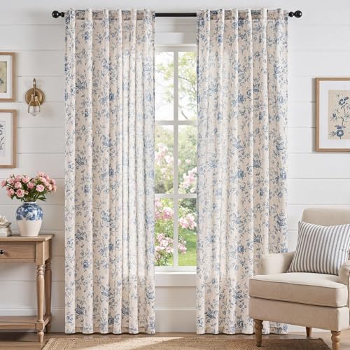 jinchan Linen Curtains 90 inch Blue Floral Farmhouse Rod Pocket 2 Panels - color: Amlie Blue, size: 50"W x 90"L (Pack of 2)
