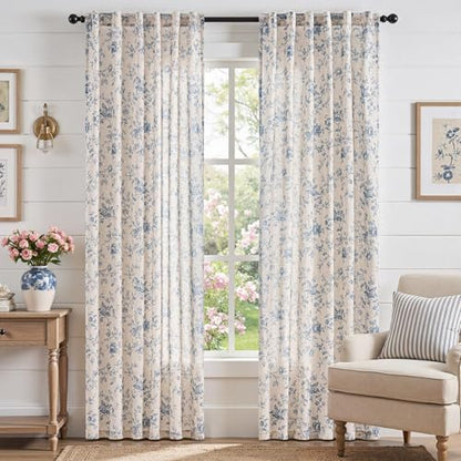 jinchan Linen Curtains 90 inch Blue Floral Farmhouse Rod Pocket 2 Panels - color: Amlie Blue, size: 50"W x 90"L (Pack of 2)