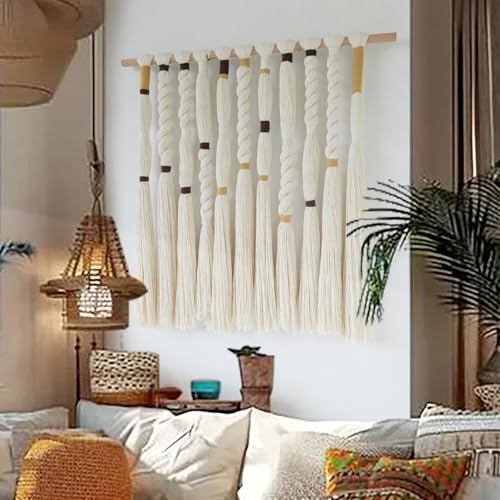 Macrame Wall Hanging Woven Knot Tassel Fringe Boho Wall Art 27"W*29"L - color: Ivory3