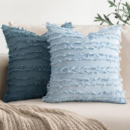 MIULEE Boho Linen Striped Throw Pillow Covers 18x18, Light Blue - color: Light Blue, size: 18" x 18" (Pack of 2)
