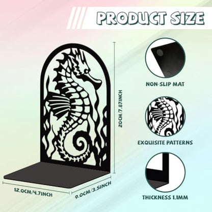 Peacoblue 5.3"x4.3"x7.9" Metal Bookends, Heavy Duty Book Ends for Shelves - style: Seahorse