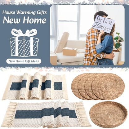 Boho Table Runner and Placemats Set, 4 Sets, Blue, 12x72 - color: Blue, size: 12x72"