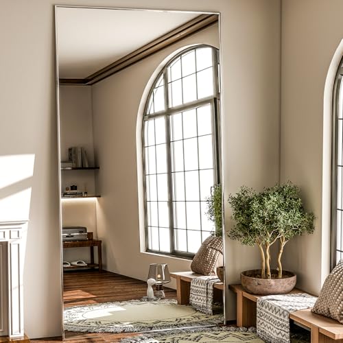 GLSLAND 76"x34" Full Length Mirror Extra Large Hanging or Leaning Rectangle Mirror Aluminum Alloy Thin Frame Bedroom Floor Dressing,Silver - color: Silver, size: 76"L x 34"W
