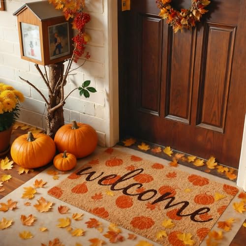 Fall Door Mat Outdoor Pumpkin Coir Welcome Doormat for Front Porch Entryway