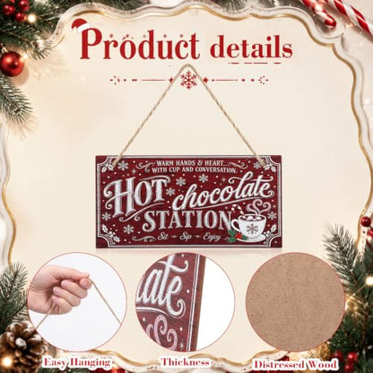 Marsui Christmas Wood Hanging Sign with Jute Rope, Hot Chocolate Station - style: Hot Chocolate Station