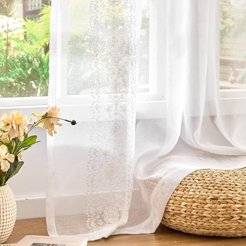 jinchan Floral Linen Curtains, Back Tab 54x84 Inch, 2 Panels White - color: S | Off White, size: 54"W x 84"L (Pack of 2)