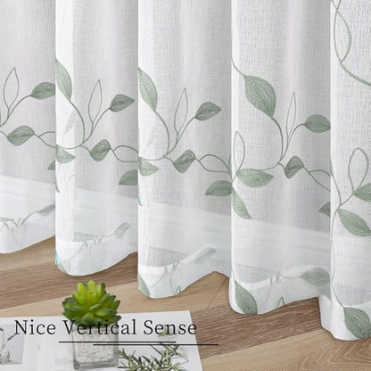 Tollpiz Sage Green Leaf Sheer Curtain Bedroom Short 38 x 45 Inches - color: Sage Green, size: 38"W x 45"L (Pack of 2)