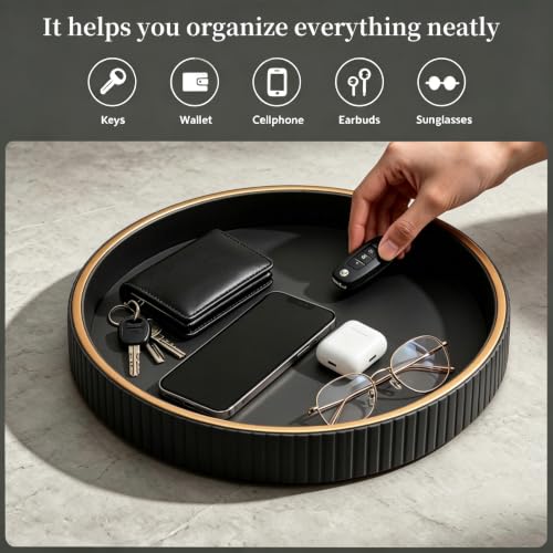 SANZIE Leather Tray Desktop Storage Organizer, Round Valet Tray, Black - color: Black Disc
