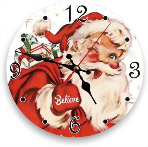 Vintage Santa Claus Silent Non Ticking Wall Clock 12 Inch, Battery Operated, Christmas Star Round Wood Wall Clocks, Decorative for Living Room, Kitchen, Bedroom, Bathroom, Dining Room, Gifts - color: Vintage Santa Claus-christmas White 1