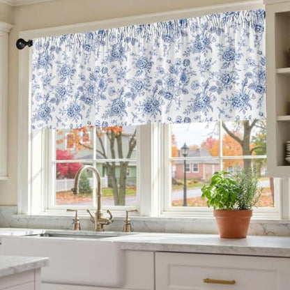 Blue Floral Blackout Window Valance Curtain, Toile Flower Valances - color: Flower 5, size: 52"W x 18"L (Pack of 1)