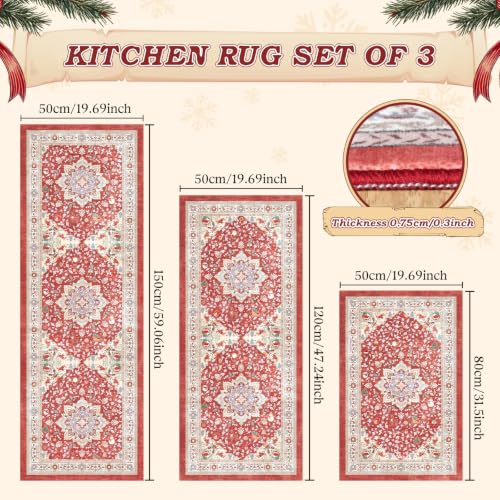 Red Christmas Kitchen Rugs Set of 3 Boho Washable Kitchen Floor Mats - color: Xmas Red, size: 20"x32"+20"x48"+20"x59"