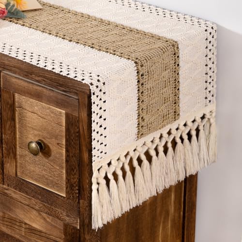 Boho Macrame Table Runner Jute Burlap Small Dresser Runner - color: Ivory and Brown, size: 12" × 36"