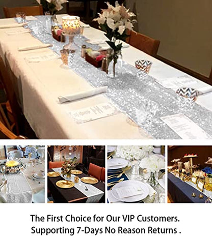 ShinyBeauty 12 by 108 in Wedding Silver Sequin Table Runner with Tassel Party Supplies Silver Sequin Table Runner 108 Inches Long Fall Dining Table Runner - color: Silver, size: 12x108