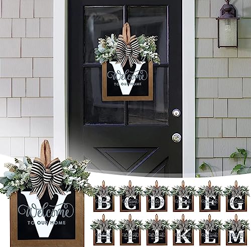Last Name All Year Round Front Door Wreath with 26 Initial Letter Welcome Sign All Seasons Eucalyptus Garland and Bow ，Farmhouse, Porch, for Spring Summer Fall All Seasons Holiday Halloween Christmas. (V) - color: V