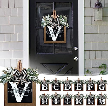 Last Name All Year Round Front Door Wreath with 26 Initial Letter Welcome Sign All Seasons Eucalyptus Garland and Bow ，Farmhouse, Porch, for Spring Summer Fall All Seasons Holiday Halloween Christmas. (V) - color: V
