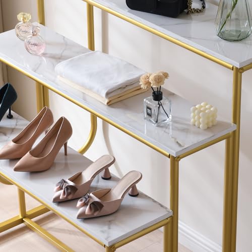 3-Tier Display Riser Stand, Gold Metal Frame, Marble-Look Shelves