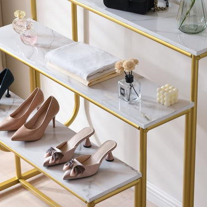 3-Tier Display Riser Stand, Gold Metal Frame, Marble-Look Shelves