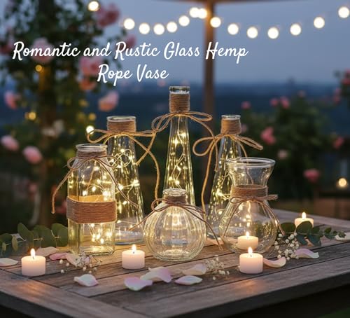 Glass Bud Vases Set of 6 for Flowers, Clear Small Vases with Jute Rope