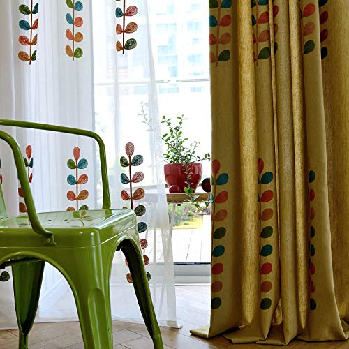 VOGOL Leaf Embroidered Linen Textured Curtains, 60 x 106, 2 Panels - color: C2, size: 60"W x 106"L (Pack of 2)