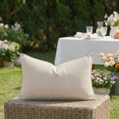 Fancy Homi Set of 2 Water Resistant Lumbar Soft Chenille Decorative Outdoor Throw Pillow Covers Solid Beige Summer Farmhouse Boho Patio Ivory Cushion Case Small 12x20 Inch for Balcony Couch Sofa Bed - color: Beige, size: 20" x 12" (Pack of 2)