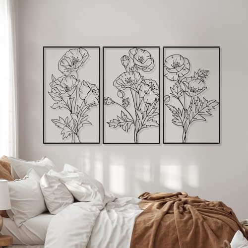 Therwen 3 Pcs Black Metal Wall Art Minimalist Wall Decor for Bedroom Flowers Decor Hanging Flower Bathroom Art Flower Line Sculpture Kitchen Decoration 16.5 x 9.8 Inch - style: Chic Style