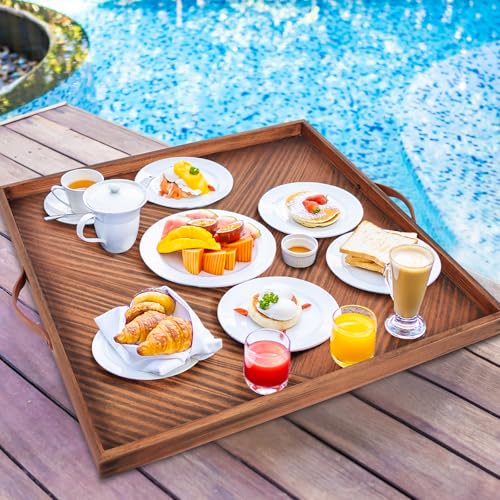 SXNOWS Wooden Serving Tray with Leather Handles, 24x24 in - size: 24" x 24" x 1.6"