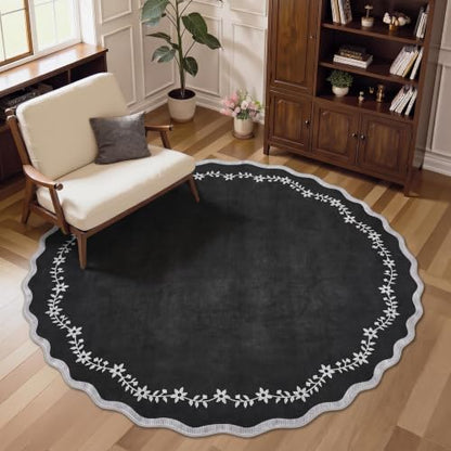GarveeHome Round Rugs 4ft Scalloped Washable Black Circle Rug for Kids Room - color: Black, size: 4' (Round)