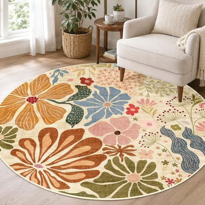 MUJOO Round Rug 5ft,Circle Washable Area Rug Non Slip Low-Pile Floral Beige - color: Beige, size: 5' (Round)