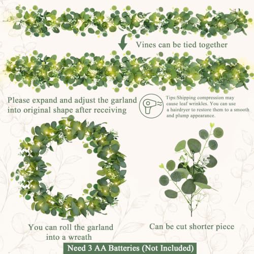 N&T NIETING 1 Pack Artificial Eucalyptus Garland with Lights, 6FT Artificial Greenery Summer Garlands, Battery Operated Twig Vine for Room Stairs Mantle Wedding Holiday Decoration Indoor Outdoor - size: 1