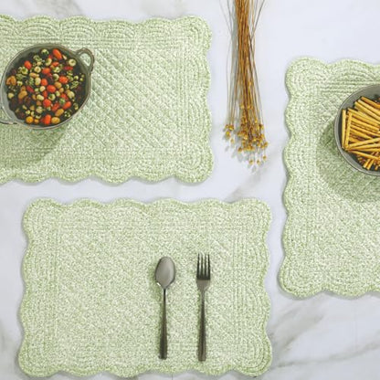 HOMBYS Quilted Placemats Set of 6 Washable-13x18 inches Rectangular Placemats for Kitchen Table-100% Cotton Fabric Rectangular Table Mats, (White with Light Green) - color: White With Light Green