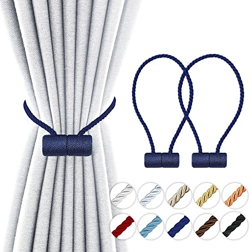 18 Inch Strong Magnetic Curtain Tiebacks, Curtain Holdbacks Modern Upgrade Strong 2021 New Twisted Style Decorative Drapery Rope Tie Backs(2 Pack Navy Blue) - color: Navy Blue