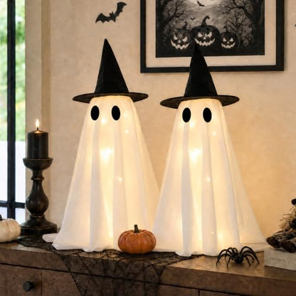 Halloween Decorations-Set of 2 Light-Up Ghosts with Witch Hats
