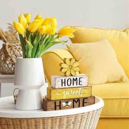 Cinnvoice 4 Pcs Yellow Bee Daisy Wooden Block Decor Farmhouse Tiered Tray - style: Bee Daisy