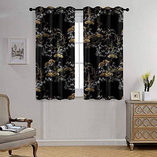 Cool Japanese Grommet Blackout Curtains for Living Room,Room Darkening Modern Black Gold Japanese Chinese Pine Pattern Window Drapes,2 Panels 45L x 21W - color: Cool Japanese, size: 42"W x 45"L (Pack of 1)