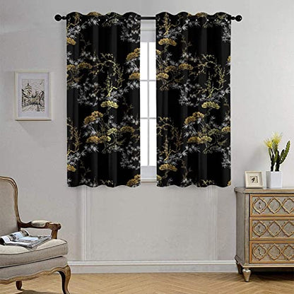 Cool Japanese Grommet Blackout Curtains for Living Room,Room Darkening Modern Black Gold Japanese Chinese Pine Pattern Window Drapes,2 Panels 45L x 21W - color: Cool Japanese, size: 42"W x 45"L (Pack of 1)