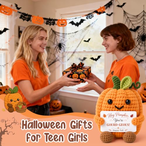 Autumn Fall Decorations for Home on Thanksgiving, Fall Basket Stuffer for Women Handmade Crochet Pumpkin with Postive Card, Halloween Thanksgiving Gifts for Women Hostess Teachers Friends Coworkers