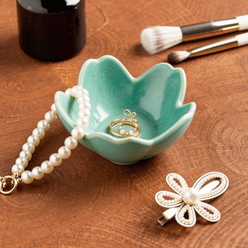 Floral Ceramic Jewelry Tray, 3.5" Ring Holder Trinket Bowl - color: cyan