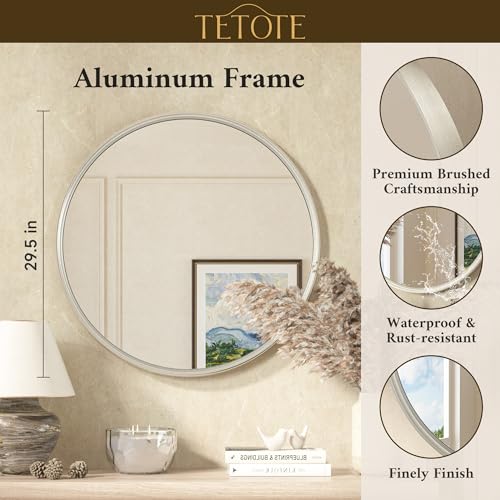 TETOTE Brushed Nickel Mirror 30 inch Round Mirror for Wall, Bathroom, Living Room, Bedroom, Vanity, Entrance - size: 30"L x 30"W
