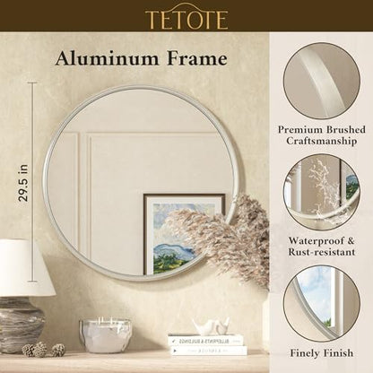 TETOTE Brushed Nickel Mirror 30 inch Round Mirror for Wall, Bathroom, Living Room, Bedroom, Vanity, Entrance - size: 30"L x 30"W