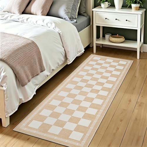 Vasofe 2x6 Runner Rug for Hallway, Checkered Jute Runner Rugs, Washable Rug - color: Khaki & White, size: 2' x 6' (Rectangular)