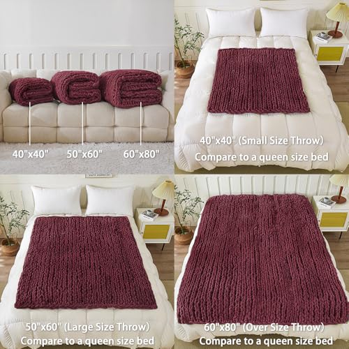 WESHIONGOO Chunky Knit Blanket Throw for Couch Bed 40"×40" Burgundy Red - color: Burgundy Red, size: 40"x40"(Small Size Throw)