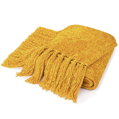 PAVILIA Chenille Throw Blanket Knit Sofa Couch Tassel Throw, Yellow 50x60 - color: Mustard Yellow, size: 50 X 60 Inches - Throw