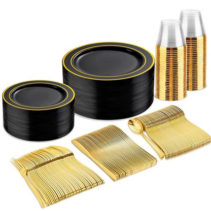 bUCLA 150 Pieces Black and Gold Disposable Dinnerware Set - 25 Guests Black Gold Plastic Plates Include 25 Dinner & 25 Dessert Plates, 25 Spoons, 25 Forks, 25 Knives, 25 Cups for Party & Graduation - color: Black/Gold