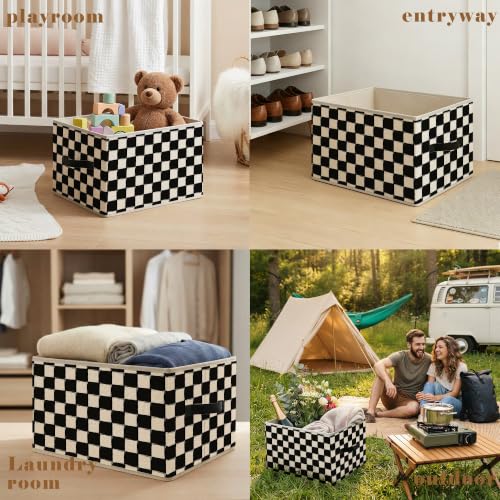 Black and White Checkered Storage Basket Organizer - color: Black and White