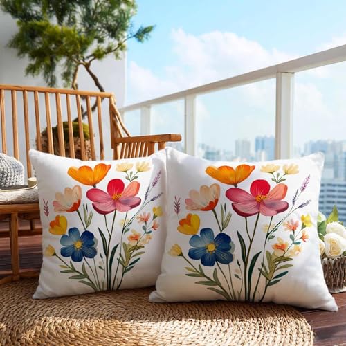 Firmiso Wildflower Botanical Throw Pillow Covers 18x18 Set of 2, Colorful Cottage Garden Decorative Cushion Covers, Floral Pillow Cases for Couch Sofa Bedroom Living Room Decor - color: Spring Floral