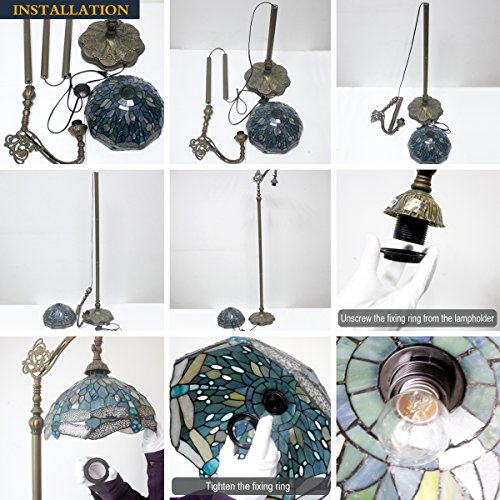 WERFACTORY Tiffany Floor Lamp Blue Lotus Flower Stained Glass Arched Lamp