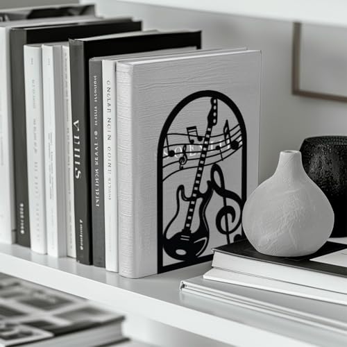 Peacoblue 5.3"x4.3"x7.9" Metal Bookends, Heavy Duty Book Ends for Shelves - style: Guitar and Music Note